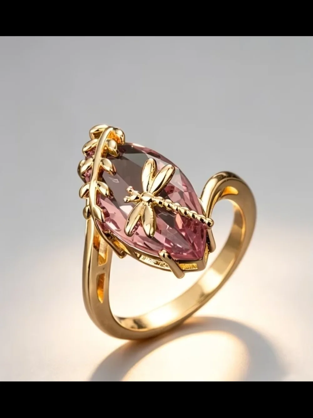 Gold Dragonfly Ring with Pink Marquise Crystal CHUNKY & Bold - Picture 3 of 9